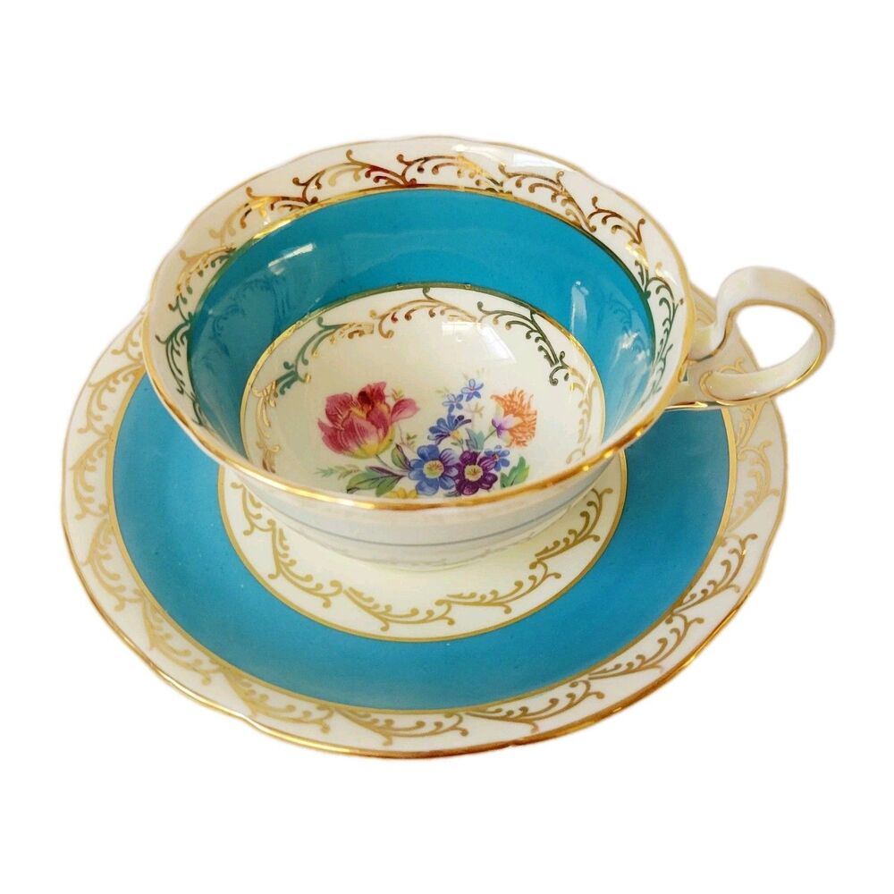 Aynsley Bone China Teacup & Saucer Turquoise Blue Gold Floral England Vintage